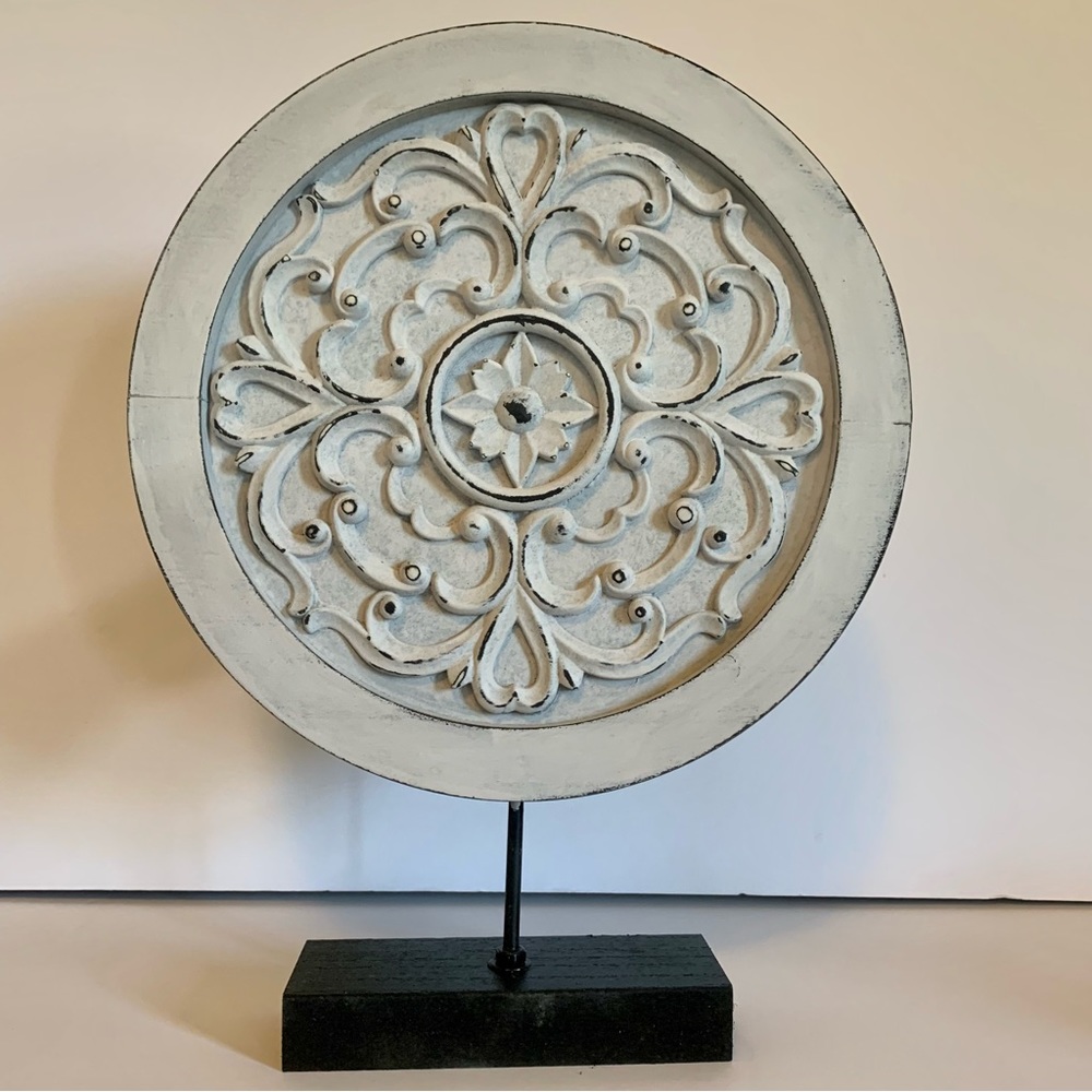 Shabby Chic Footed Mandala 14” T 11” W Cottage Core Hand Painted Distressed